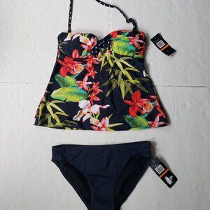 Tommy Hilfiger Tropical Bandeau Tie Front 2 Piece Tankini Swimsuit
